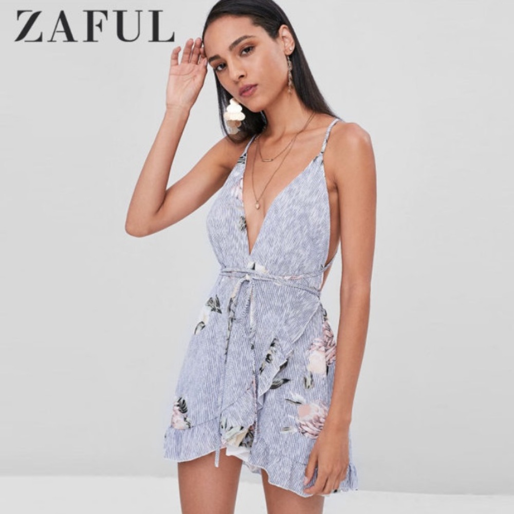 Zaful Striped Floral Romper Dress